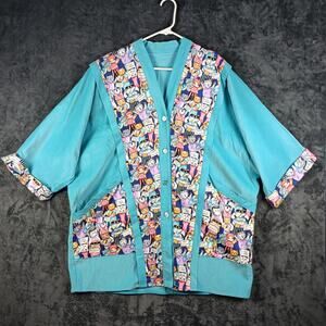 Scrub Jacket Women Medium Blue Cat Print Vet Tech Groomer Medical Button Up